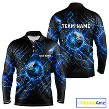 Load image into Gallery viewer, Black long-sleeve shirt with blue DNA and golf ball design, customizable text, and Chiptee Amz branding.