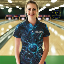 Load image into Gallery viewer, Woman wearing a blue patterned bowling shirt with 'Your Name' text in a bowling alley.
