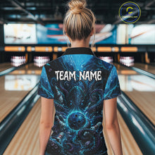 Load image into Gallery viewer, Woman wearing a blue patterned bowling shirt with 'Your Name' text in a bowling alley.