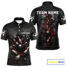Load image into Gallery viewer, Black polo shirt with bowling design on front and back, customizable text, Chiptee Amz brand visible.