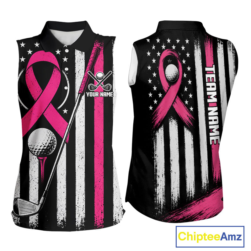 Front and back views of a sleeveless golf polo shirt featuring a black, white, and pink distressed American flag design with a pink ribbon, golf ball, and club graphic. The shirt includes customizable text placeholders 'YOUR NAME' and 'TEAM NAME'.