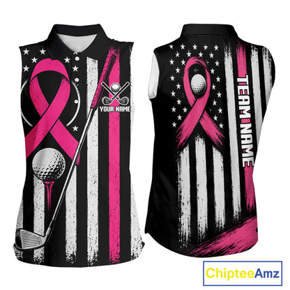 Front and back views of a sleeveless golf polo shirt featuring a black, white, and pink distressed American flag design with a pink ribbon, golf ball, and club graphic. The shirt includes customizable text placeholders 'YOUR NAME' and 'TEAM NAME'.