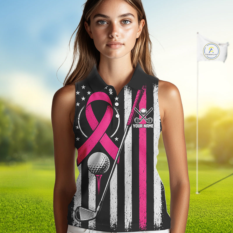 A woman modeling a sleeveless polo shirt with a black, white, and pink distressed American flag design, featuring a pink ribbon, golf ball, tees, and a golf club graphic. The shirt has 'YOUR NAME' printed on the chest.