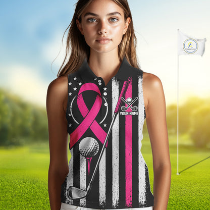 A woman modeling a sleeveless polo shirt with a black, white, and pink distressed American flag design, featuring a pink ribbon, golf ball, tees, and a golf club graphic. The shirt has 'YOUR NAME' printed on the chest.