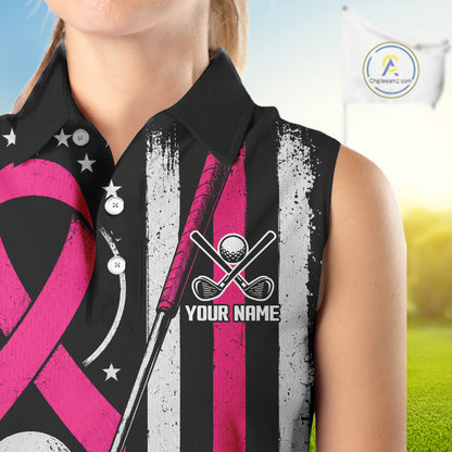 A sleeveless collared golf shirt worn by a model, featuring a black and white distressed vertical stripe pattern with a bright pink ribbon graphic, white stars, crossed golf clubs, a golf ball, and customizable text 'YOUR NAME'.