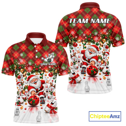 Merry Christmas Santa Men Bowling Polo Shirt Custom Snowman Pins League Match Apparel NHT1776