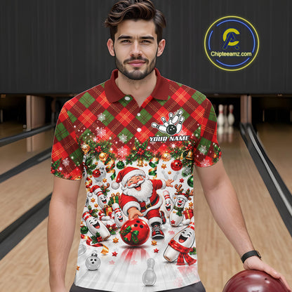 Merry Christmas Santa Men Bowling Polo Shirt Custom Snowman Pins League Match Apparel NHT1776