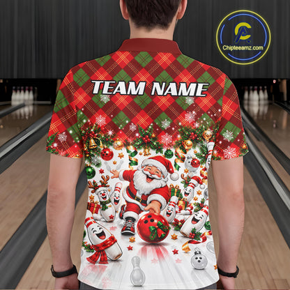 Merry Christmas Santa Men Bowling Polo Shirt Custom Snowman Pins League Match Apparel NHT1776