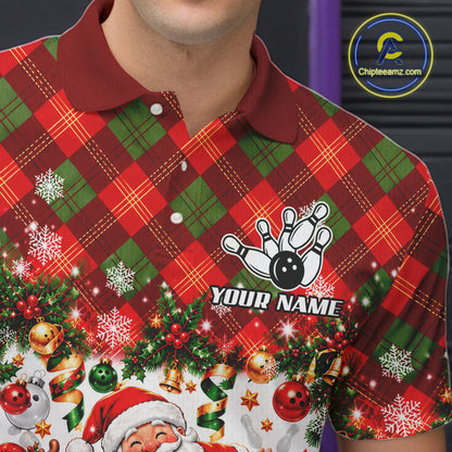 Merry Christmas Santa Men Bowling Polo Shirt Custom Snowman Pins League Match Apparel NHT1776
