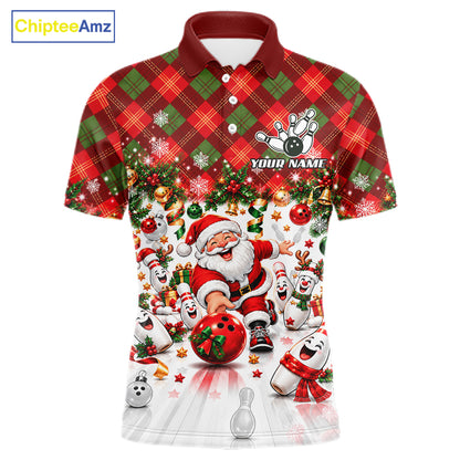 Merry Christmas Santa Men Bowling Polo Shirt Custom Snowman Pins League Match Apparel NHT1776