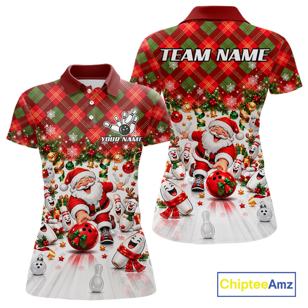Merry Christmas Santa Women Bowling Polo Shirt Custom Snowman Pins League Match Apparel NHT1776