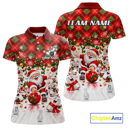 Merry Christmas Santa Women Bowling Polo Shirt Custom Snowman Pins League Match Apparel NHT1776