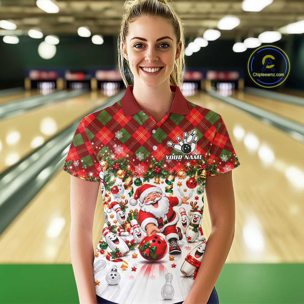 Merry Christmas Santa Women Bowling Polo Shirt Custom Snowman Pins League Match Apparel NHT1776