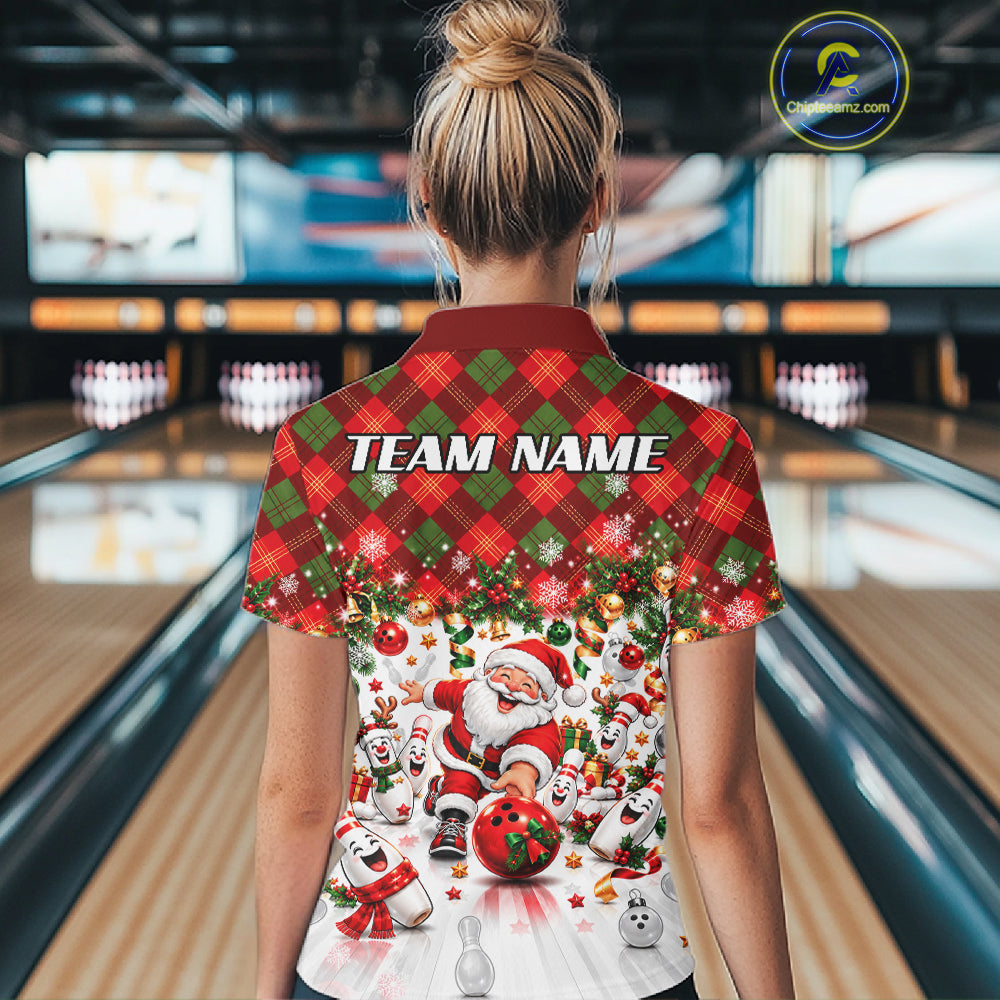 Merry Christmas Santa Women Bowling Polo Shirt Custom Snowman Pins League Match Apparel NHT1776