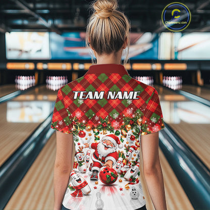 Merry Christmas Santa Women Bowling Polo Shirt Custom Snowman Pins League Match Apparel NHT1776