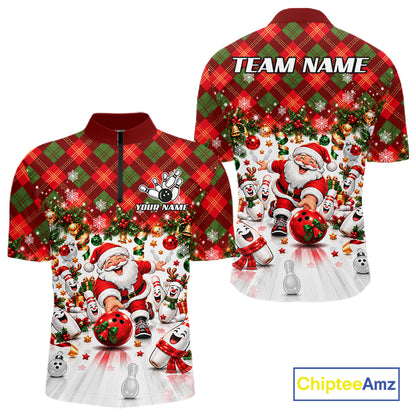 Merry Christmas Santa Men Bowling Polo Shirt Custom Snowman Pins League Match Apparel NHT1776