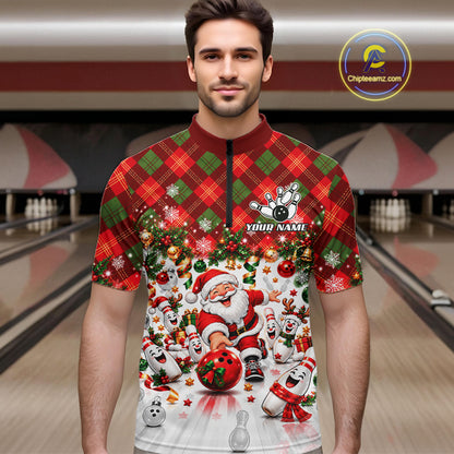 Merry Christmas Santa Men Bowling Polo Shirt Custom Snowman Pins League Match Apparel NHT1776