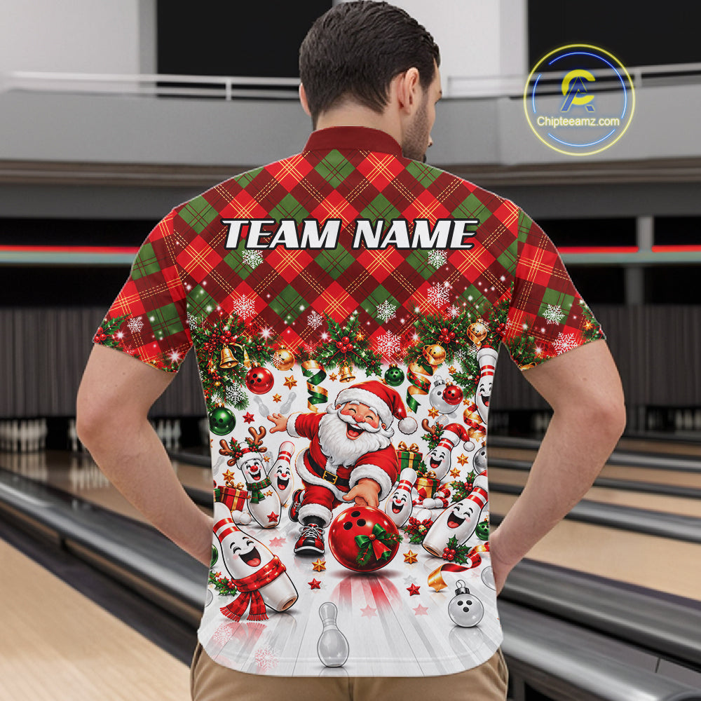 Merry Christmas Santa Men Bowling Polo Shirt Custom Snowman Pins League Match Apparel NHT1776