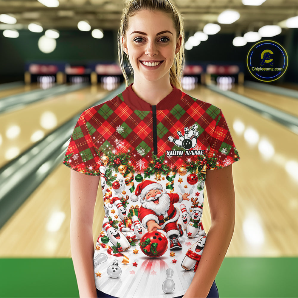 Merry Christmas Santa Women Bowling Polo Shirt Custom Snowman Pins League Match Apparel NHT1776