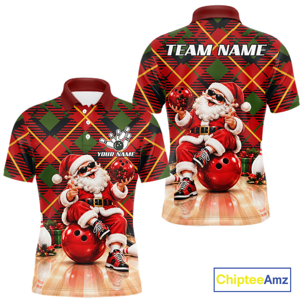 Merry Christmas Santa Men Bowling Polo Shirt Custom Red Green Tartan League Match Apparel NHT1777