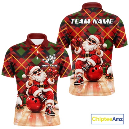 Merry Christmas Santa Men Bowling Polo Shirt Custom Red Green Tartan League Match Apparel NHT1777