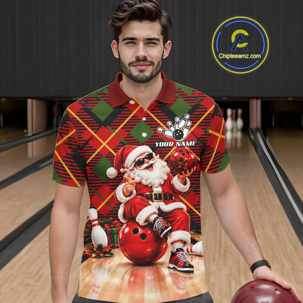 Merry Christmas Santa Men Bowling Polo Shirt Custom Red Green Tartan League Match Apparel NHT1777