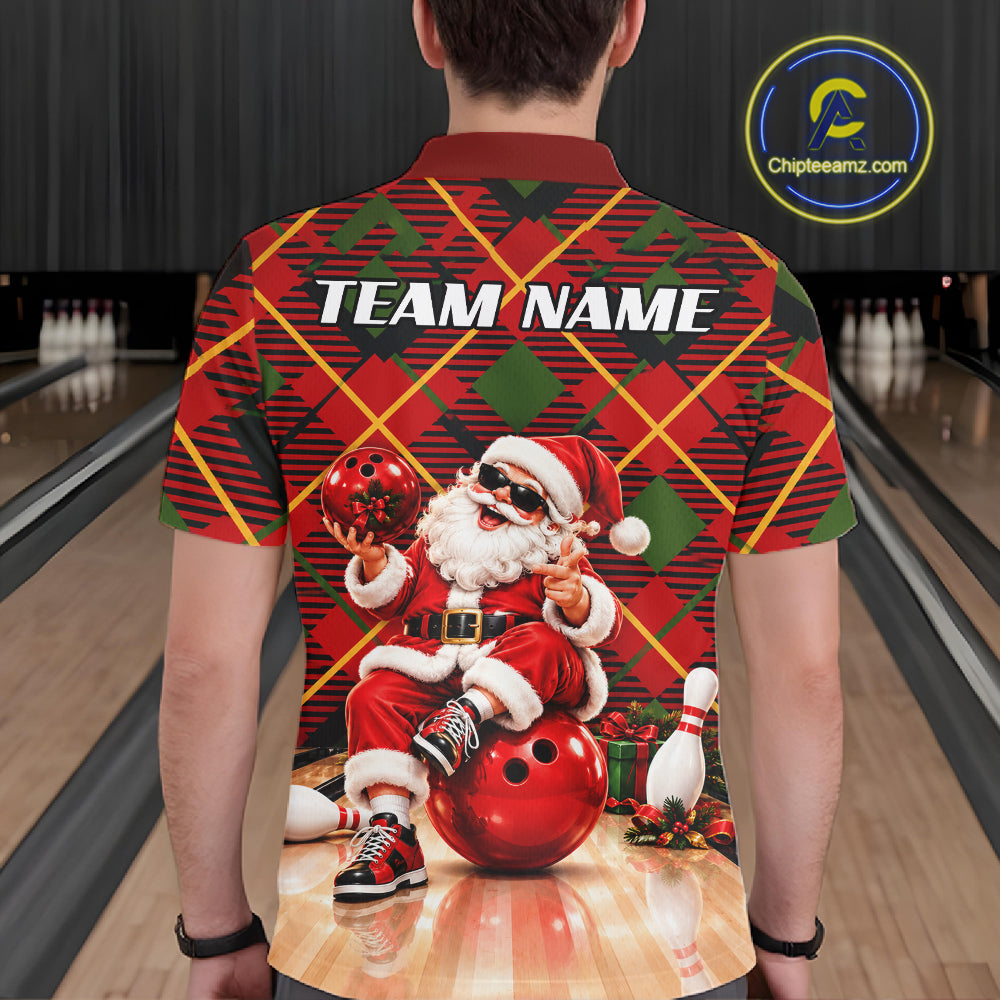 Merry Christmas Santa Men Bowling Polo Shirt Custom Red Green Tartan League Match Apparel NHT1777