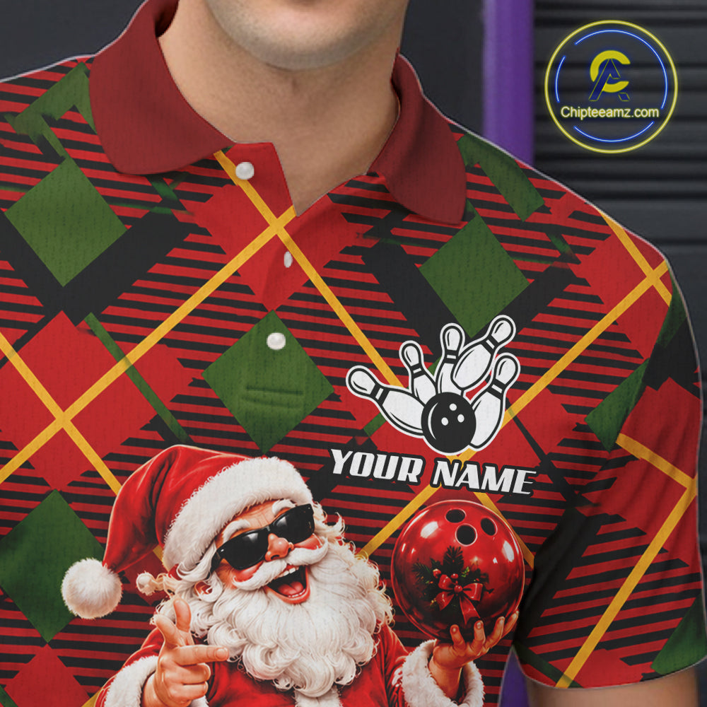 Merry Christmas Santa Men Bowling Polo Shirt Custom Red Green Tartan League Match Apparel NHT1777