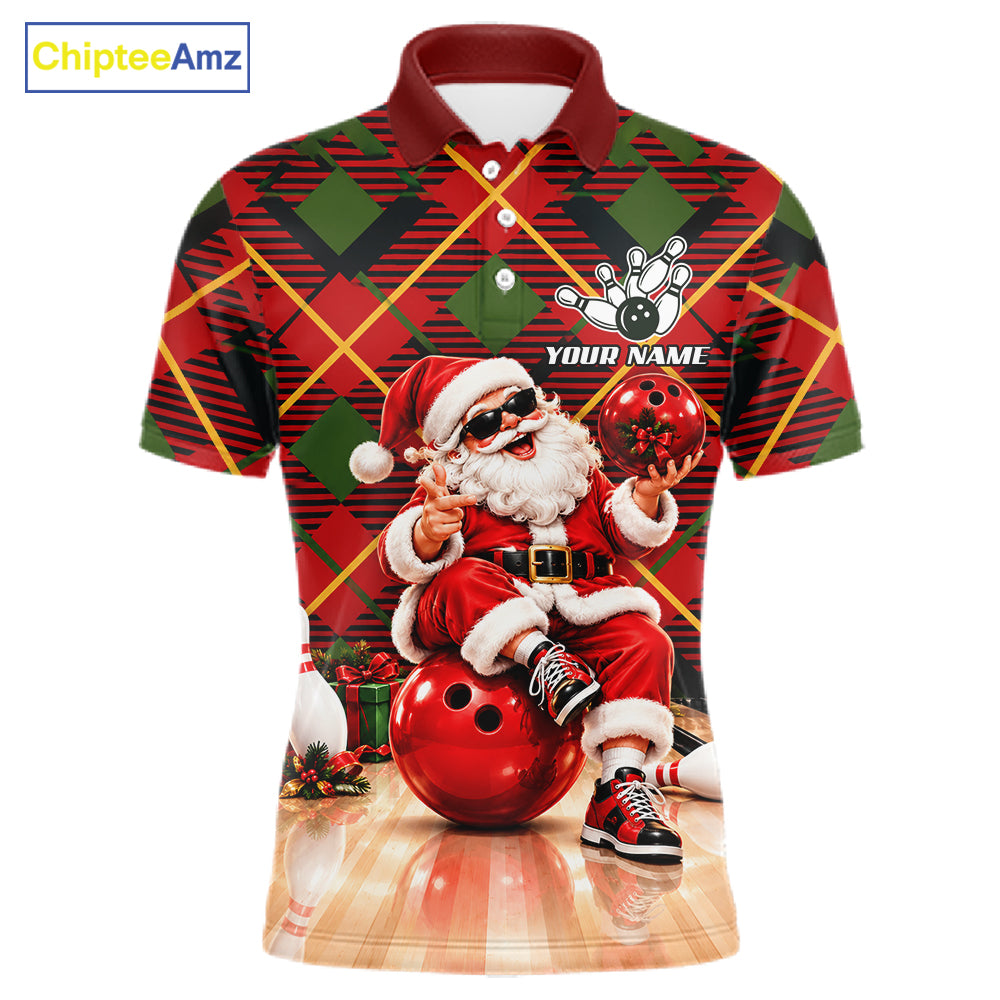 Merry Christmas Santa Men Bowling Polo Shirt Custom Red Green Tartan League Match Apparel NHT1777