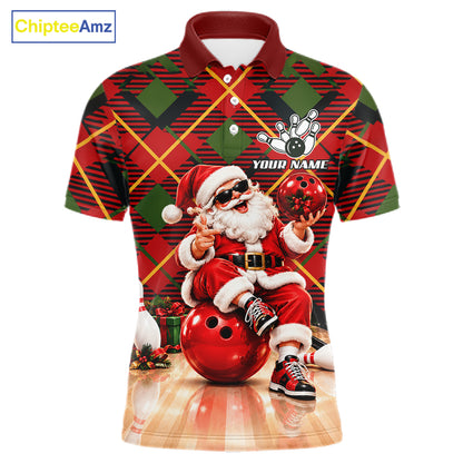 Merry Christmas Santa Men Bowling Polo Shirt Custom Red Green Tartan League Match Apparel NHT1777