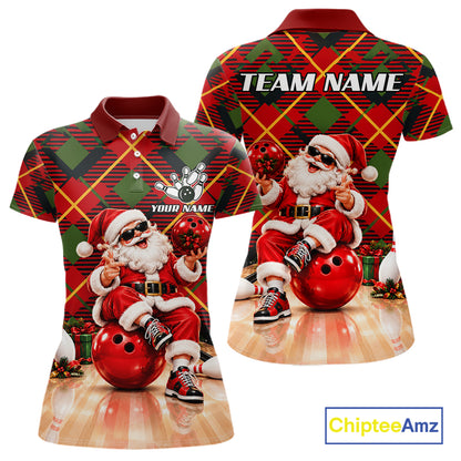 Merry Christmas Santa Women Bowling Polo Shirt Custom Red Green Tartan League Match Apparel NHT1777