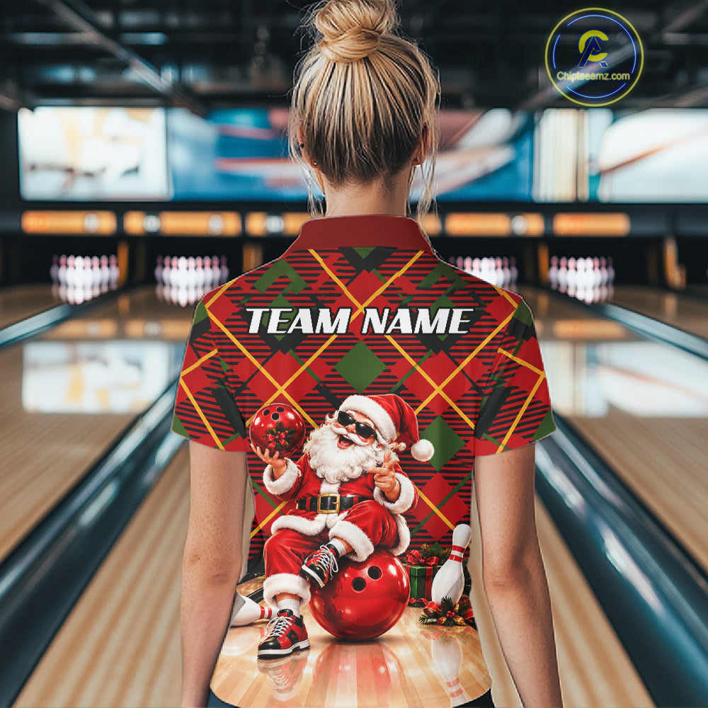 Merry Christmas Santa Women Bowling Polo Shirt Custom Red Green Tartan League Match Apparel NHT1777