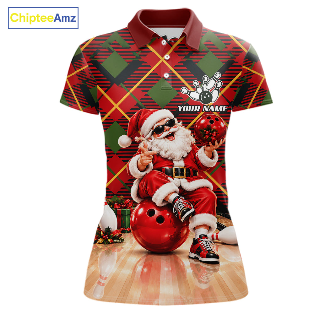 Merry Christmas Santa Women Bowling Polo Shirt Custom Red Green Tartan League Match Apparel NHT1777
