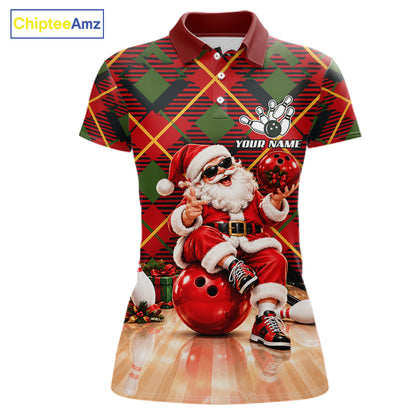 Merry Christmas Santa Women Bowling Polo Shirt Custom Red Green Tartan League Match Apparel NHT1777