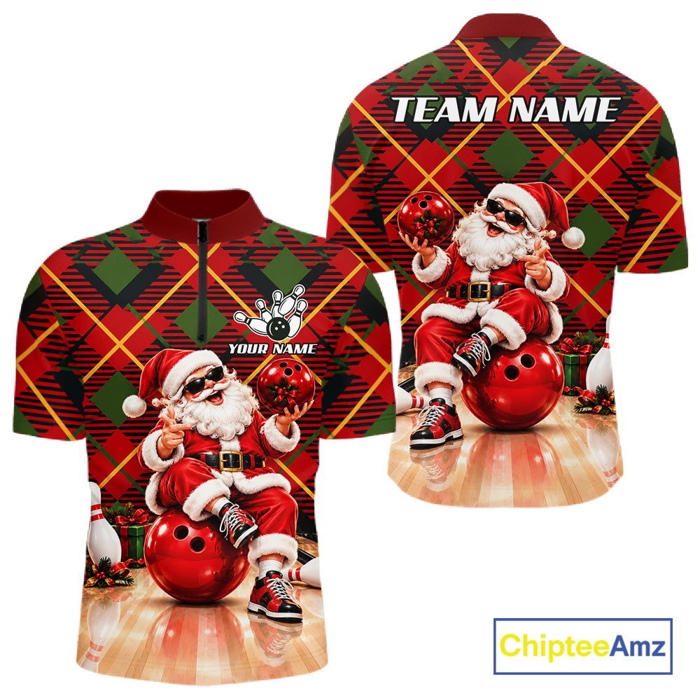 Merry Christmas Santa Men Bowling Polo Shirt Custom Red Green Tartan League Match Apparel NHT1777