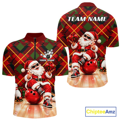 Merry Christmas Santa Men Bowling Polo Shirt Custom Red Green Tartan League Match Apparel NHT1777