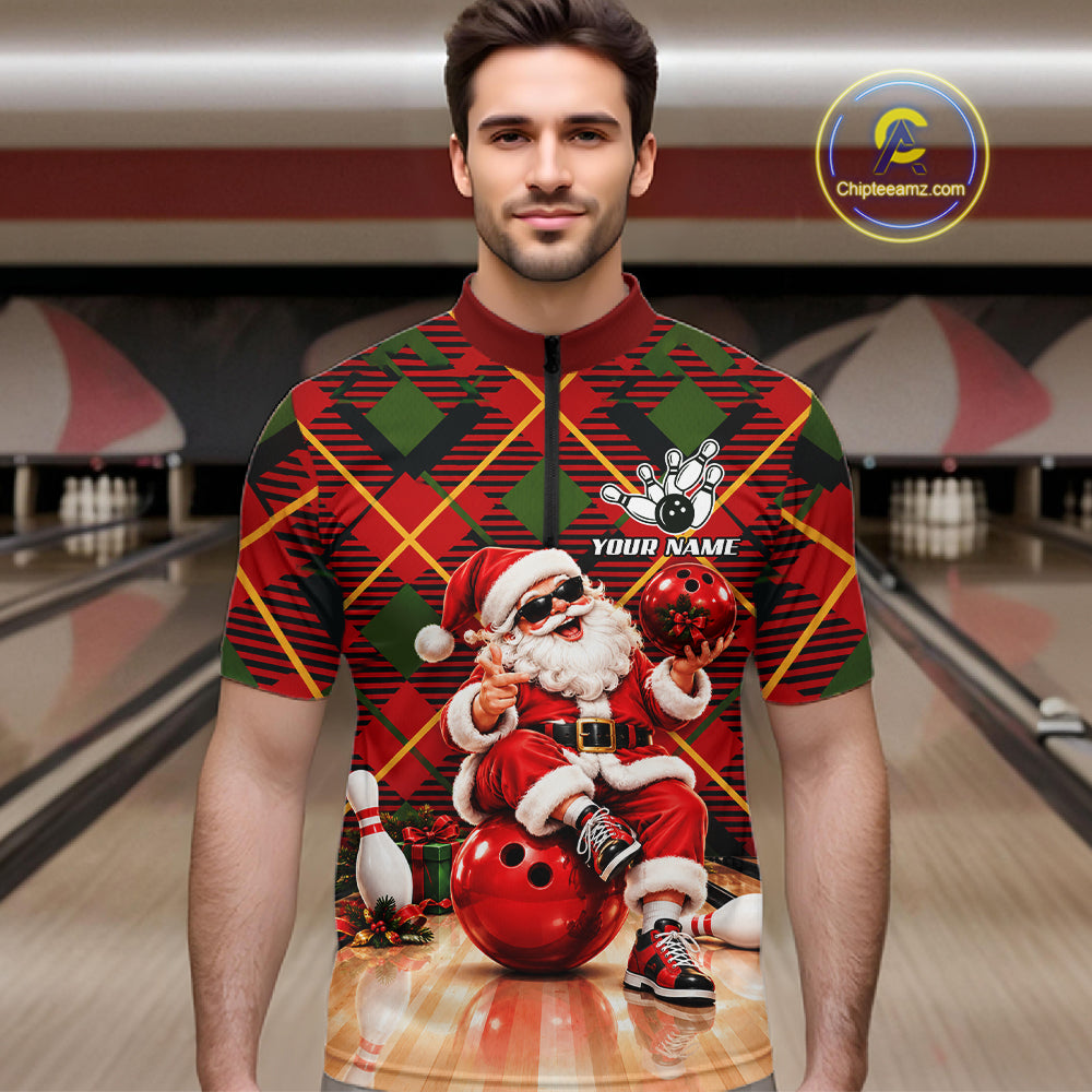 Merry Christmas Santa Men Bowling Polo Shirt Custom Red Green Tartan League Match Apparel NHT1777