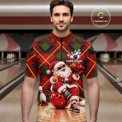 Merry Christmas Santa Men Bowling Polo Shirt Custom Red Green Tartan League Match Apparel NHT1777