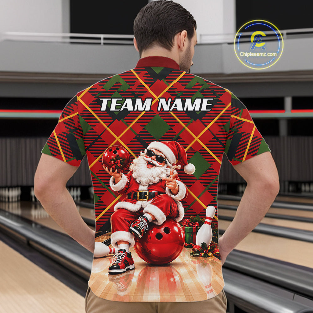 Merry Christmas Santa Men Bowling Polo Shirt Custom Red Green Tartan League Match Apparel NHT1777