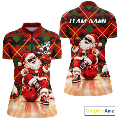 Merry Christmas Santa Women Bowling Polo Shirt Custom Red Green Tartan League Match Apparel NHT1777