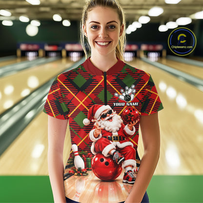 Merry Christmas Santa Women Bowling Polo Shirt Custom Red Green Tartan League Match Apparel NHT1777