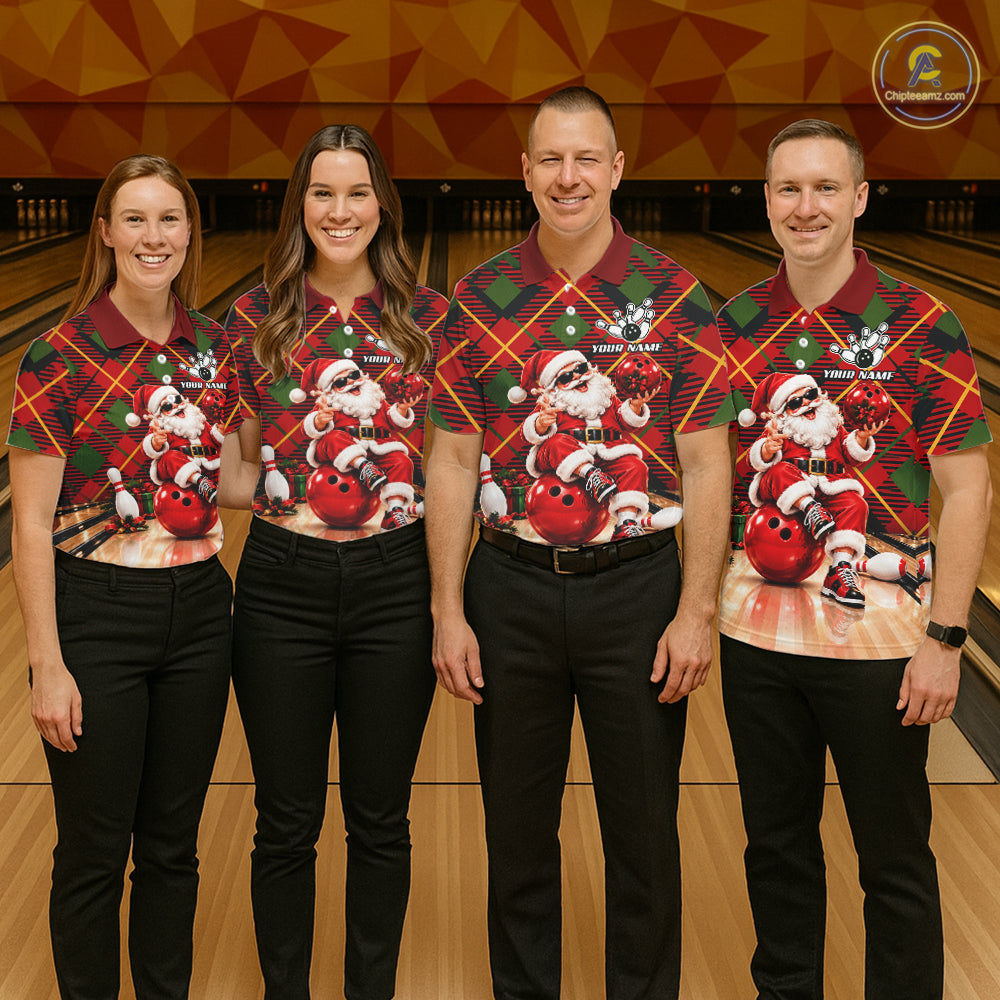 Merry Christmas Santa Men Bowling Polo Shirt Custom Red Green Tartan League Match Apparel NHT1777