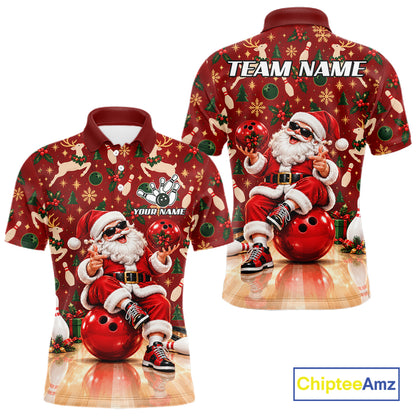 Merry Christmas Santa Men Bowling Polo Shirt Custom Reindeer Snowflake League Match Apparel NHT1778