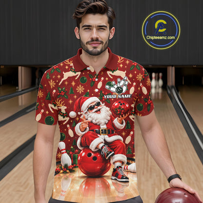 Merry Christmas Santa Men Bowling Polo Shirt Custom Reindeer Snowflake League Match Apparel NHT1778
