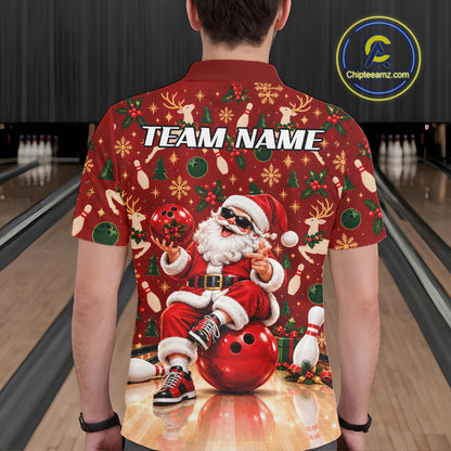 Merry Christmas Santa Men Bowling Polo Shirt Custom Reindeer Snowflake League Match Apparel NHT1778