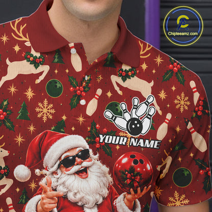 Merry Christmas Santa Men Bowling Polo Shirt Custom Reindeer Snowflake League Match Apparel NHT1778