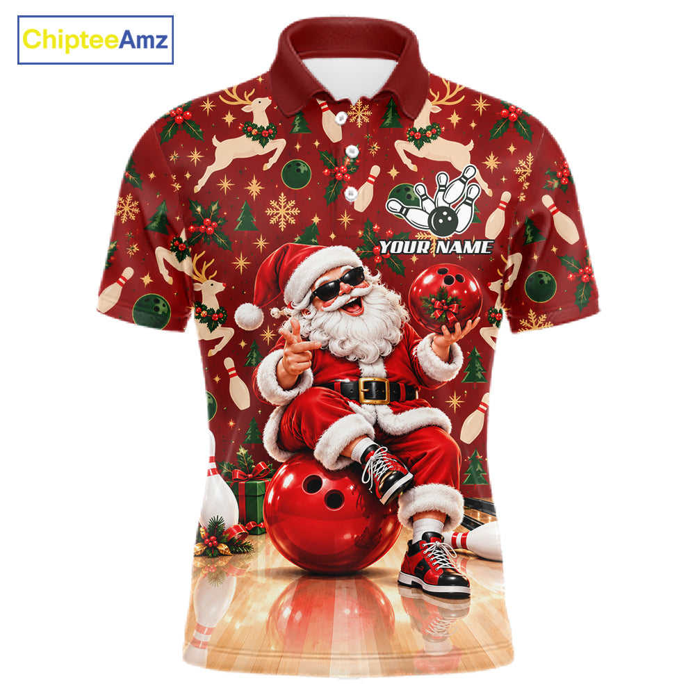Merry Christmas Santa Men Bowling Polo Shirt Custom Reindeer Snowflake League Match Apparel NHT1778