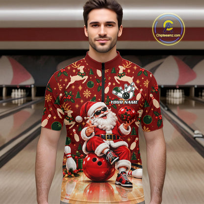 Merry Christmas Santa Men Bowling Polo Shirt Custom Reindeer Snowflake League Match Apparel NHT1778