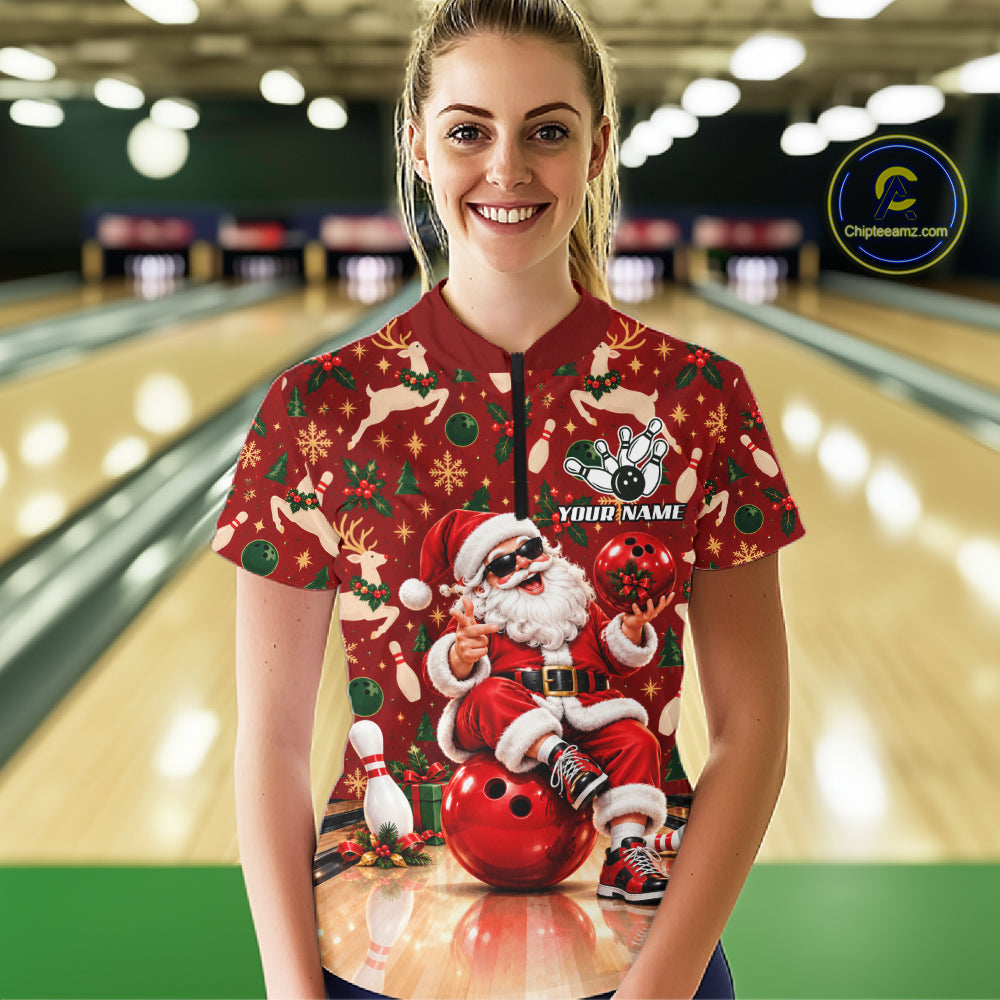 Merry Christmas Santa Women Bowling Polo Shirt Custom Reindeer Snowflake League Match Apparel NHT1778