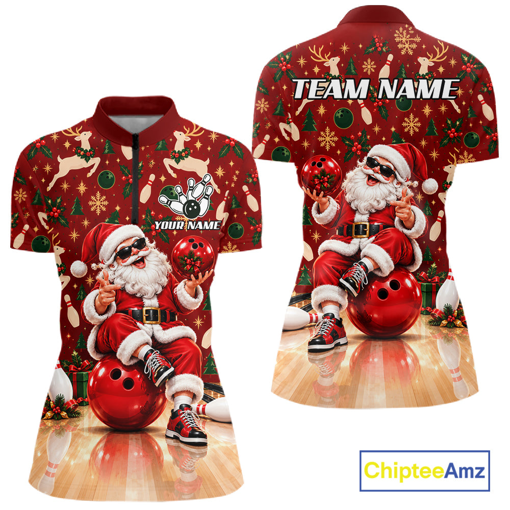 Merry Christmas Santa Women Bowling Polo Shirt Custom Reindeer Snowflake League Match Apparel NHT1778